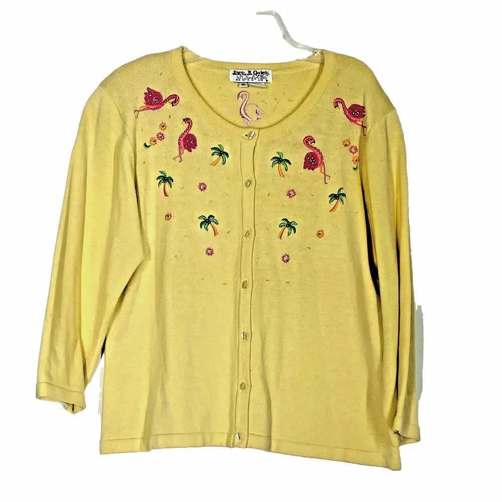 Vintage Jack B Quick Cardigan Womens XL Yellow Beaded Flamingo Sweater Vacation